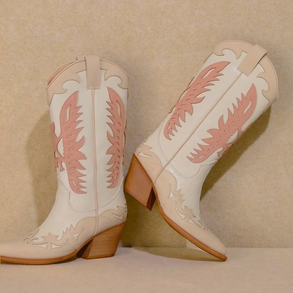 Idaly Shoes - IDALY Western Boho Chic Pink White & Tan Vegan Leather Cowboy Cowgirl Boots